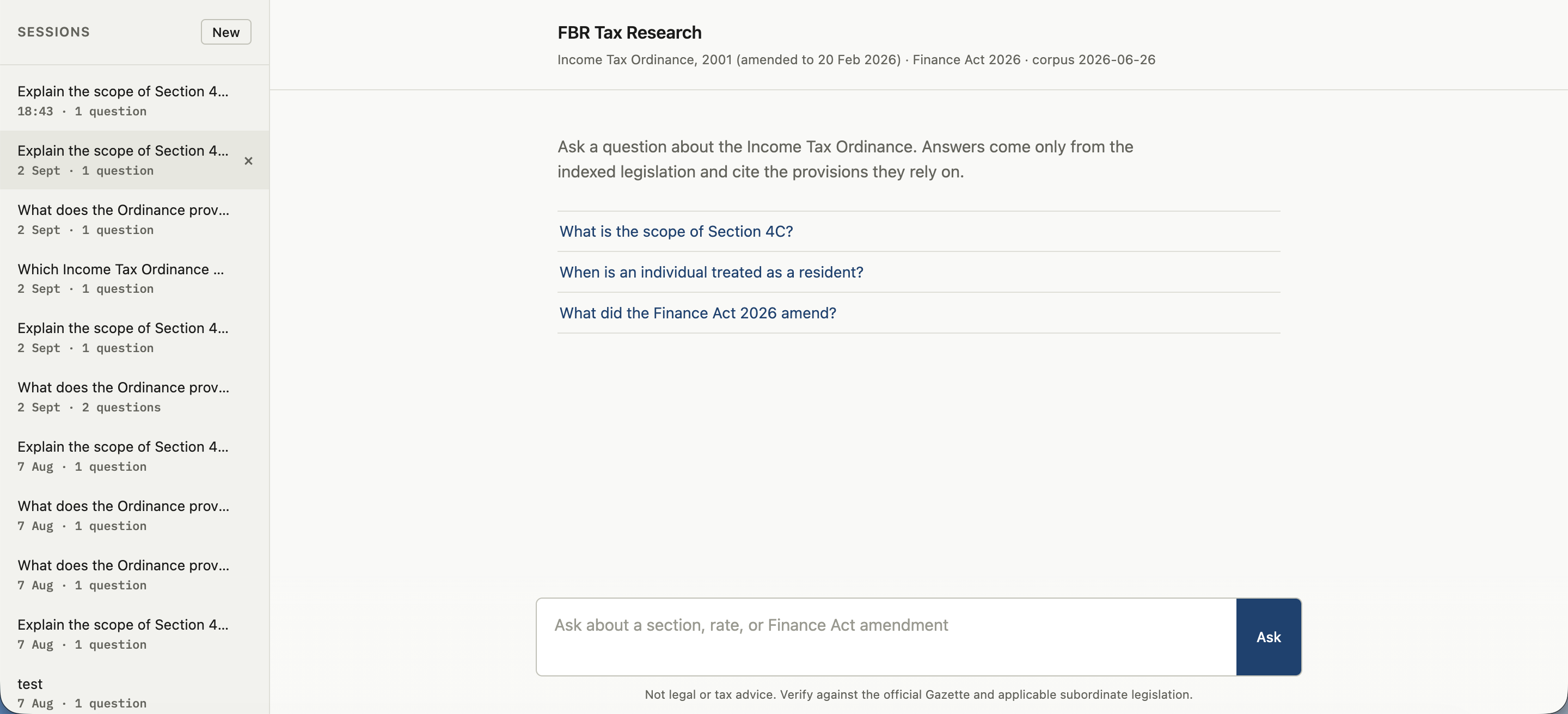 FBR Income Tax Research Assistant interface